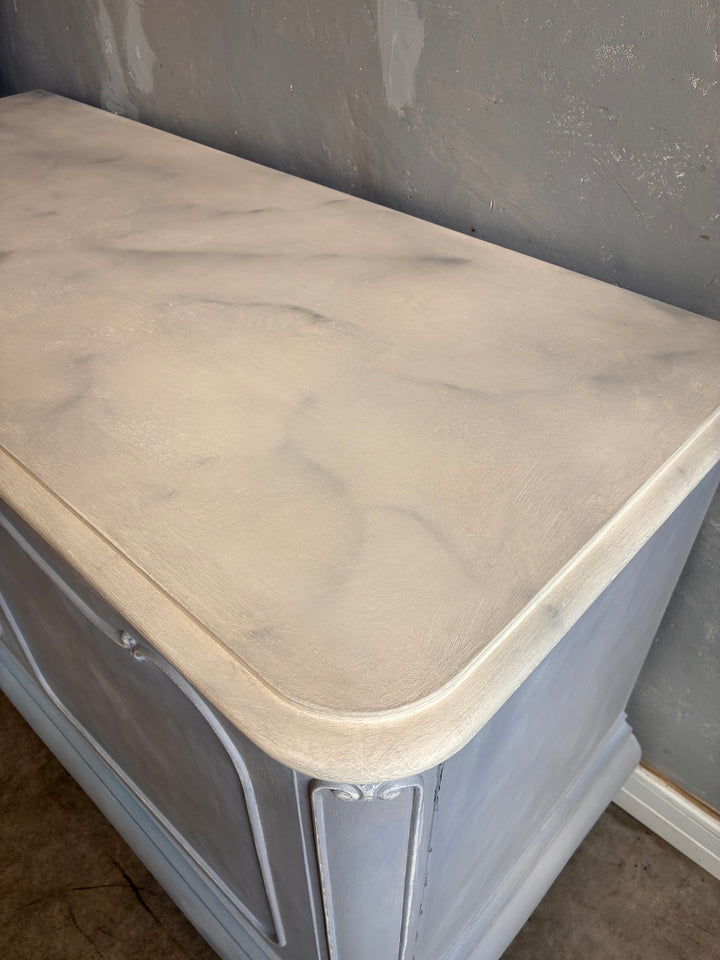French Style Sideboard - Soft Grey Blue faux painted marble top detail showing soft grey-blue finish.