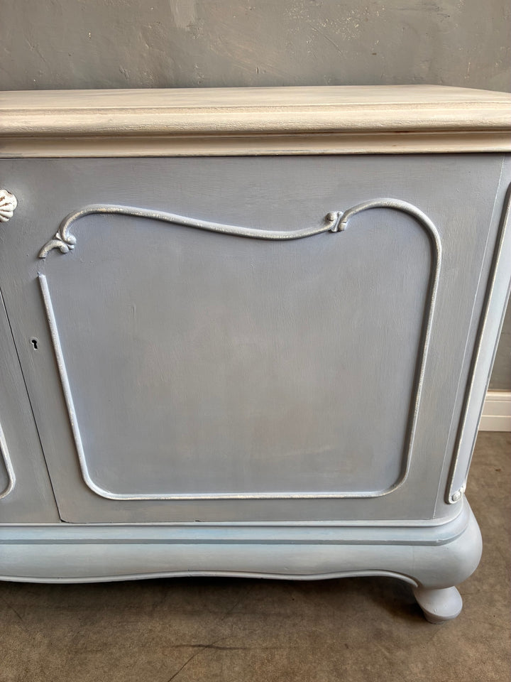 French Style Sideboard - Soft Grey Blue with delicate raised carving and faux marble top.