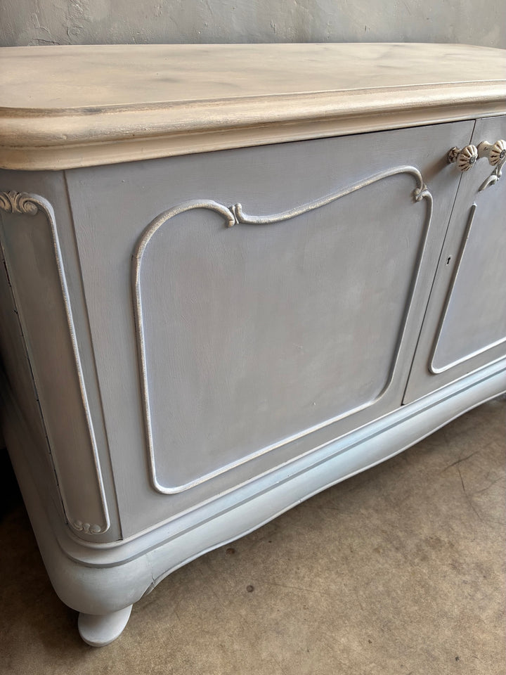French Style Sideboard - Soft Grey Blue with faux painted marble top and delicate raised carving.