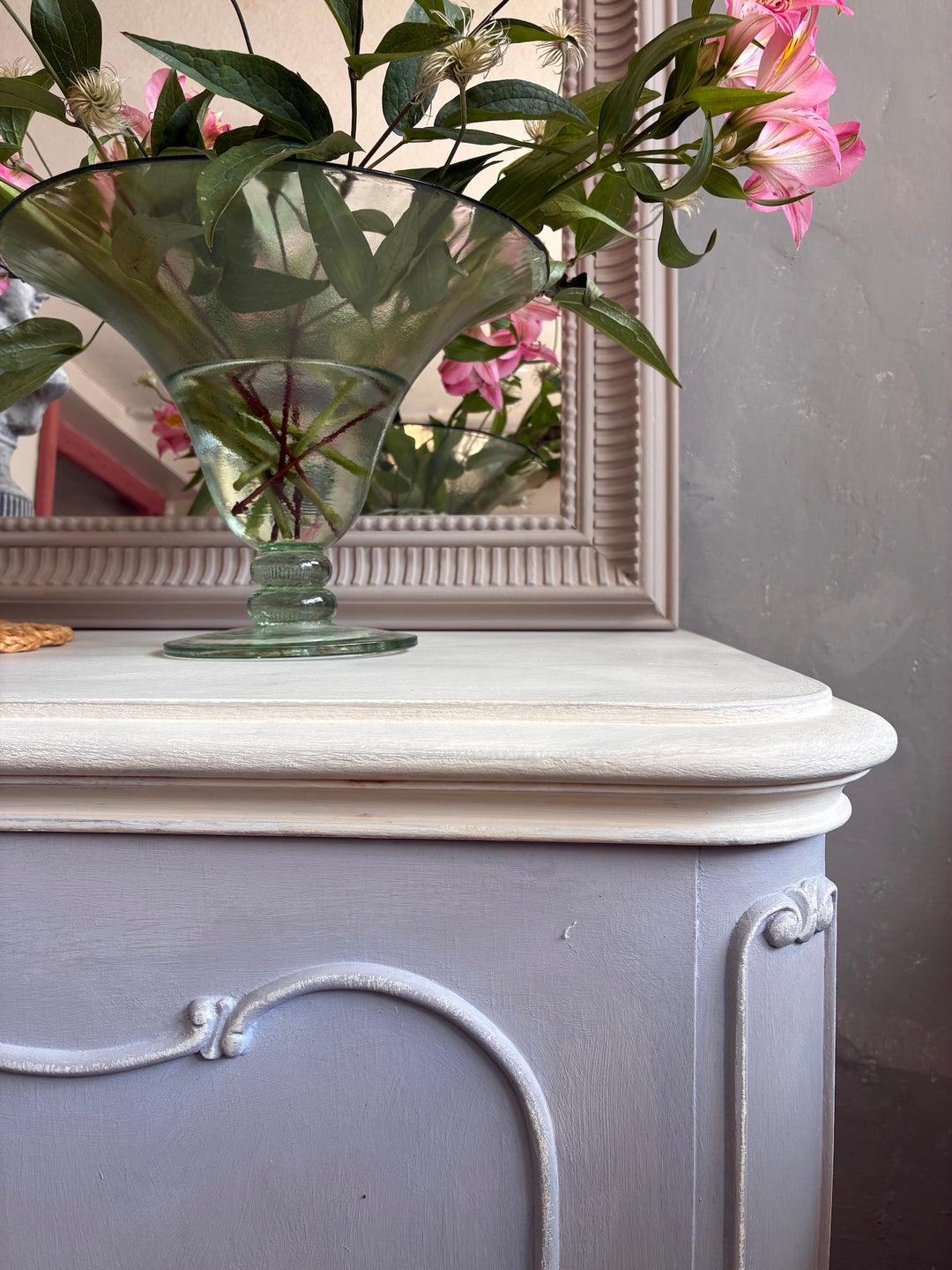 French Style Sideboard - Soft Grey Blue with decorative vase and flowers, showcasing subtle elegance and timeless design.