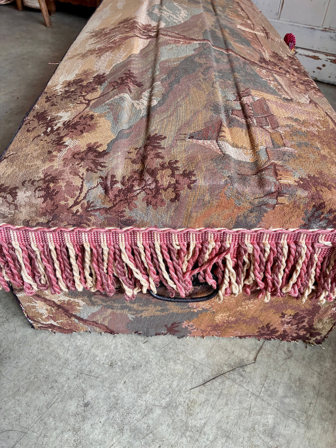 French Upholstered Storage Trunk - Bridal Trunk with vintage tapestry fabric and pink tassels by Source for the Goose, Devon.