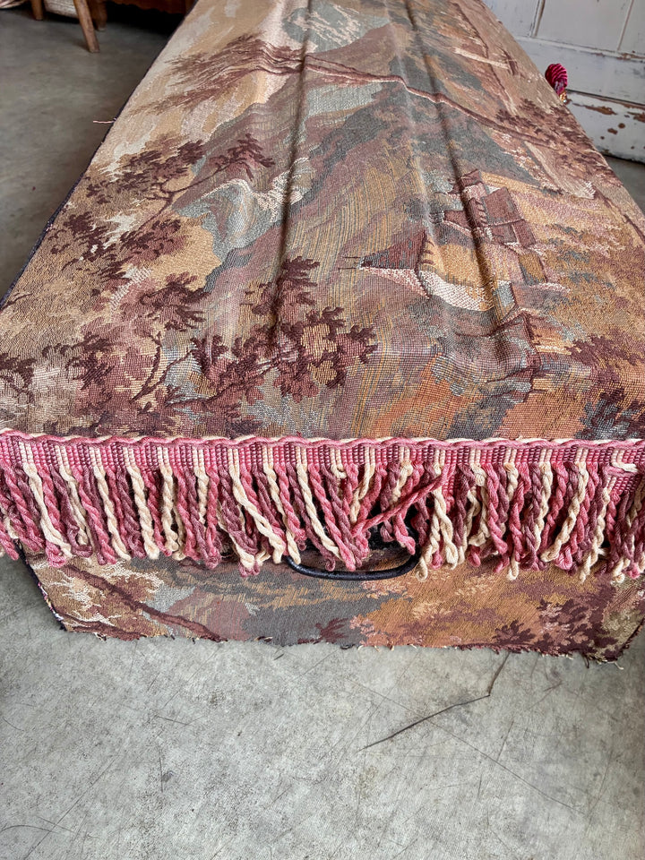 French Upholstered Storage Trunk - Bridal Trunk with vintage tapestry fabric and pink tassels by Source for the Goose, Devon.