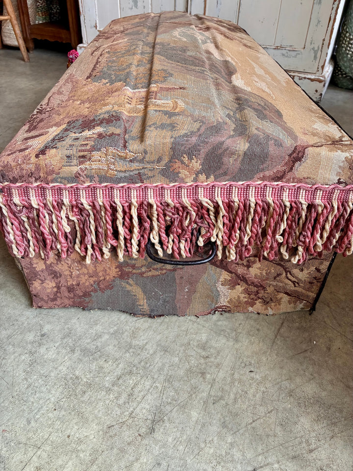 French Upholstered Storage Trunk - Bridal Trunk with tapestry fabric and decorative tassels.