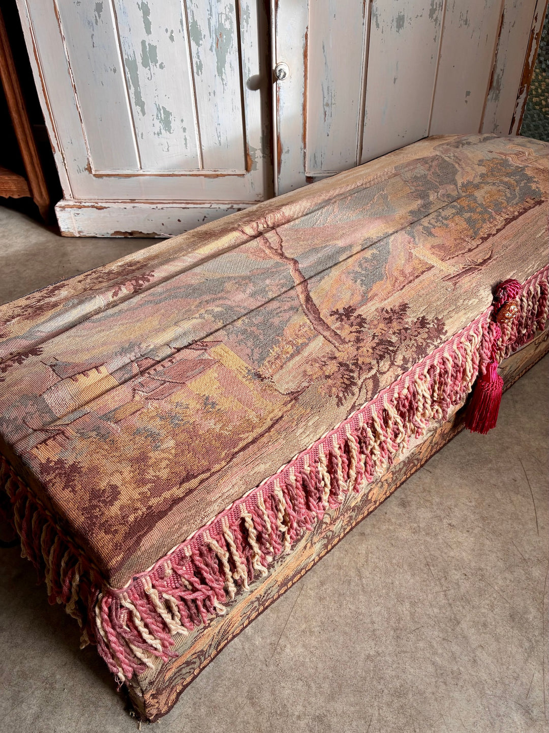 French Upholstered Storage Trunk - Bridal Trunk with vintage tapestry fabric and pink tassels