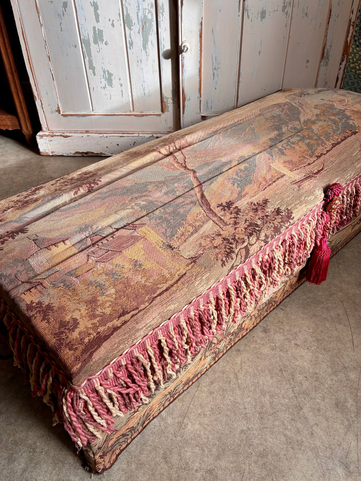 French Upholstered Storage Trunk - Bridal Trunk with vintage tapestry fabric and pink tassels