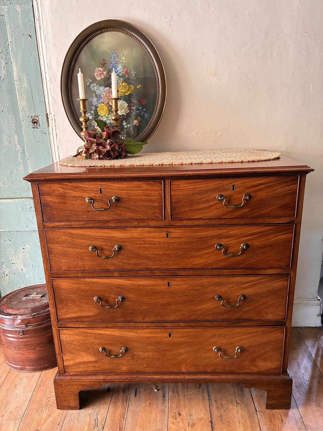 Antique Georgian Mahogany Chest of Drawers with brass handles, offering ample storage and vintage charm, sourced from Devon.