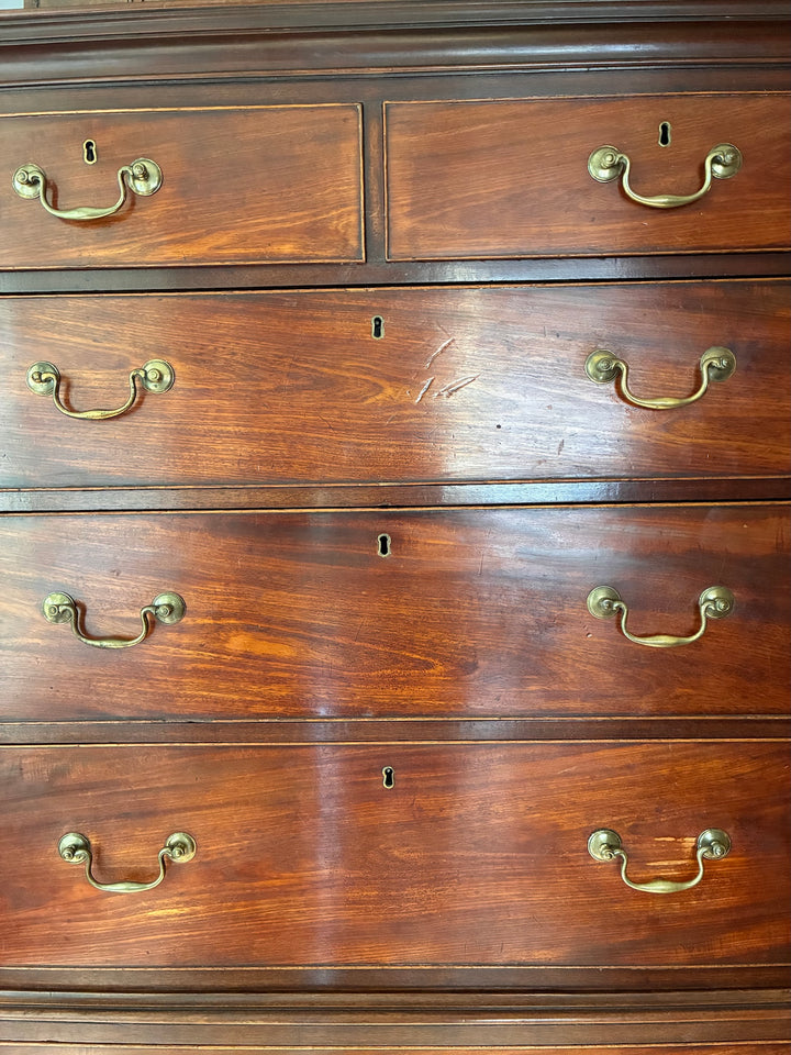 Georgian Mahogany Tall Boy - Chest on Chest with brass handles and warm mahogany finish, highlighting antique mahogany craftsmanship.
