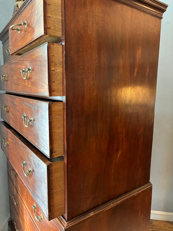 Georgian Mahogany Tall Boy - Chest on Chest showcasing antique mahogany craftsmanship with elegant brass handles.
