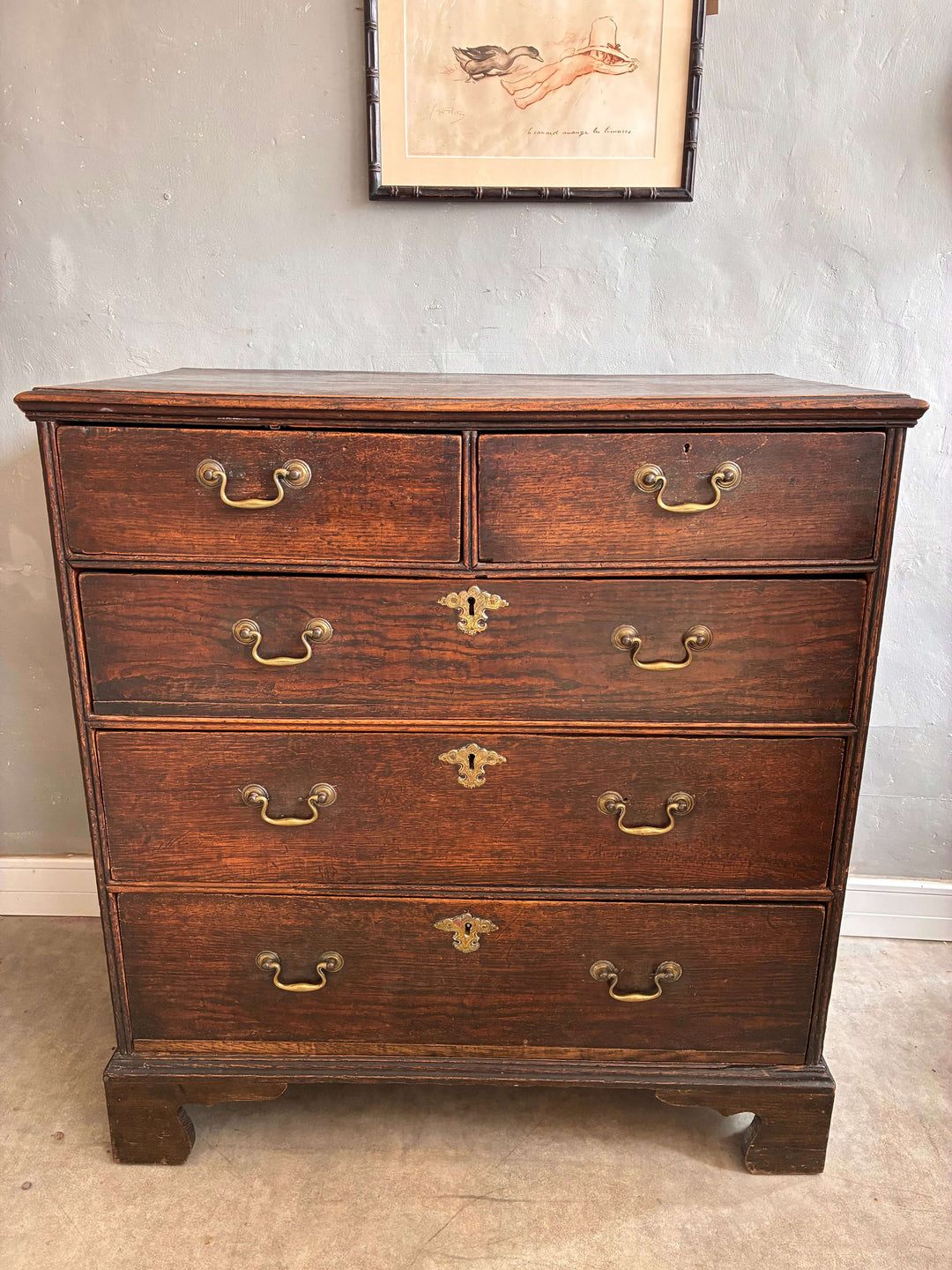 Antique Oak Georgian Chest of Drawers with brass handles and bracket feet, from Source for the Goose, Devon.