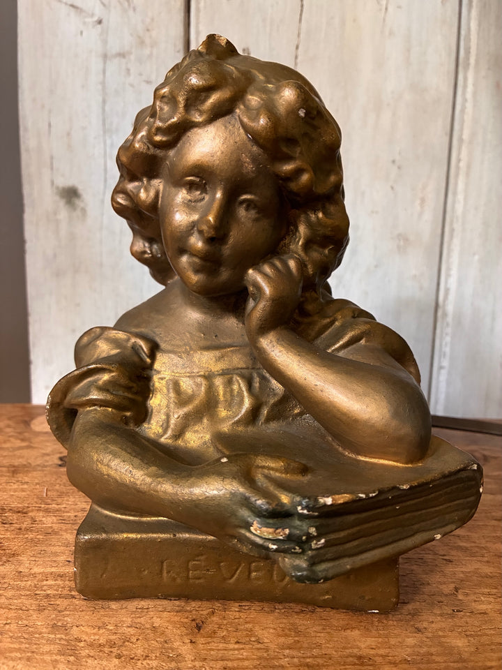 Antique Gilded Plaster Bust - Girl Reading Book - The Dreamer, vintage decor statue with golden finish and thoughtful pose.