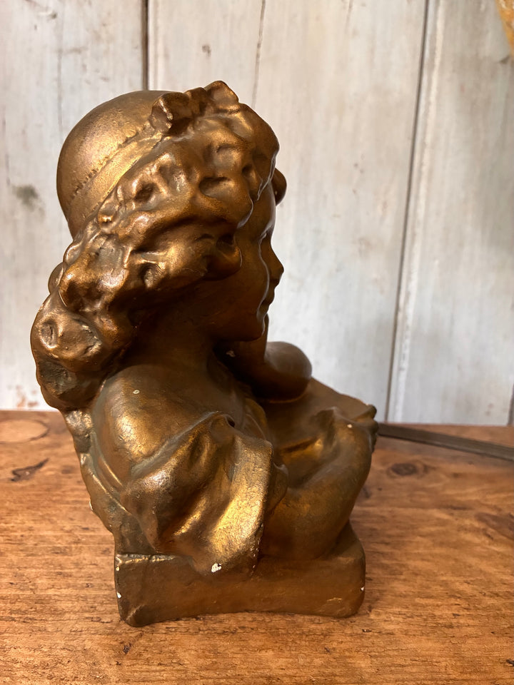 Antique Gilded Plaster Bust - Girl Reading Book - The Dreamer, showing side view of elegant statue.