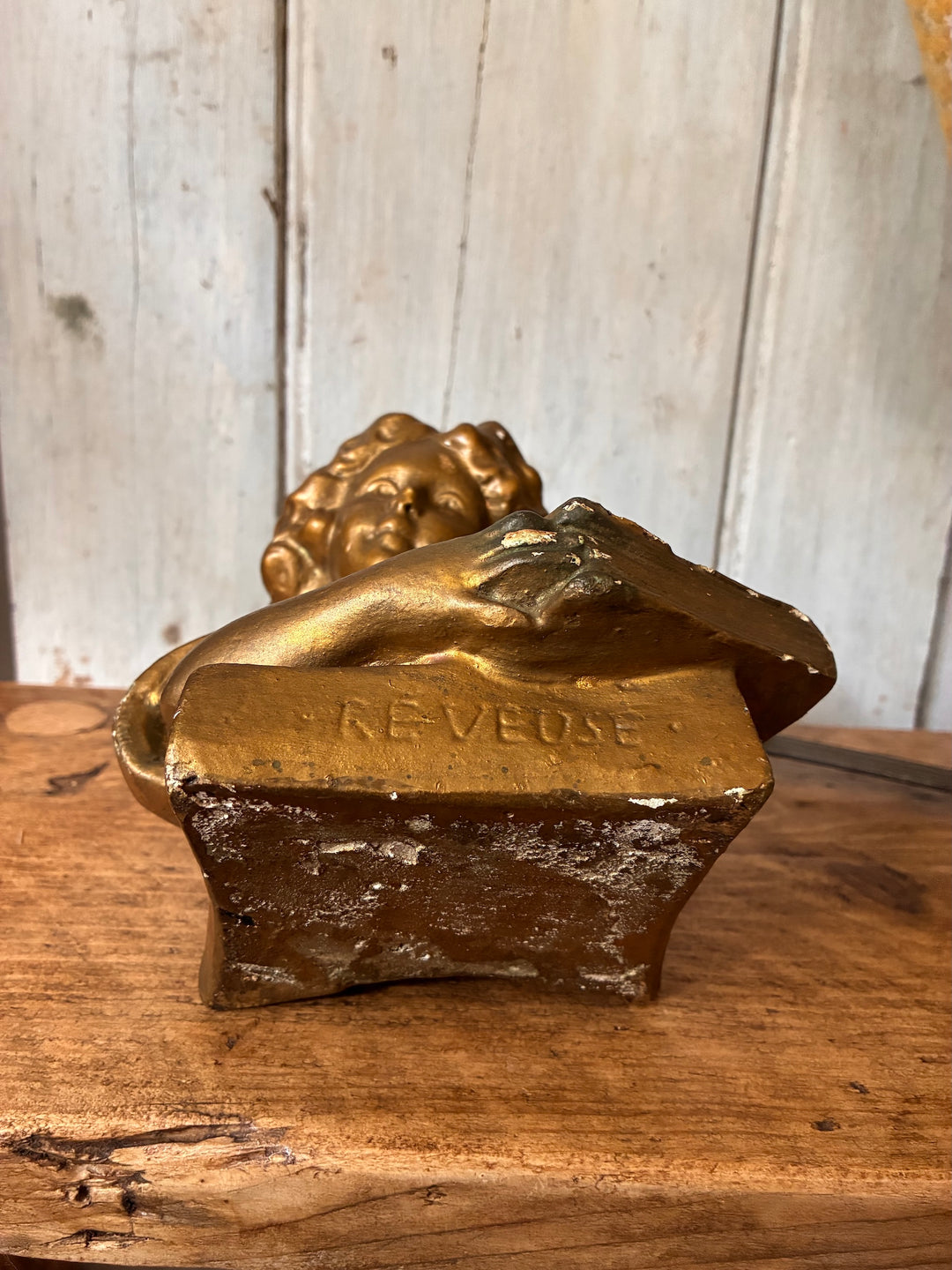 Antique Gilded Plaster Bust - Girl Reading Book - The Dreamer, featuring detailed craftsmanship and the inscription Réveuse.