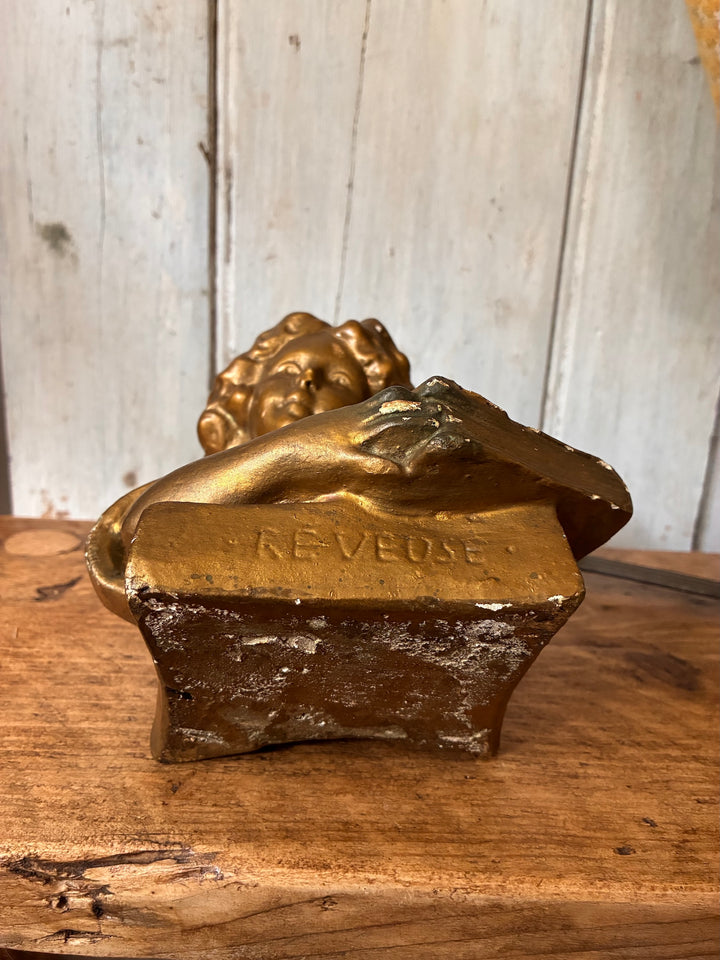 Antique Gilded Plaster Bust - Girl Reading Book - The Dreamer, featuring detailed craftsmanship and the inscription Réveuse.