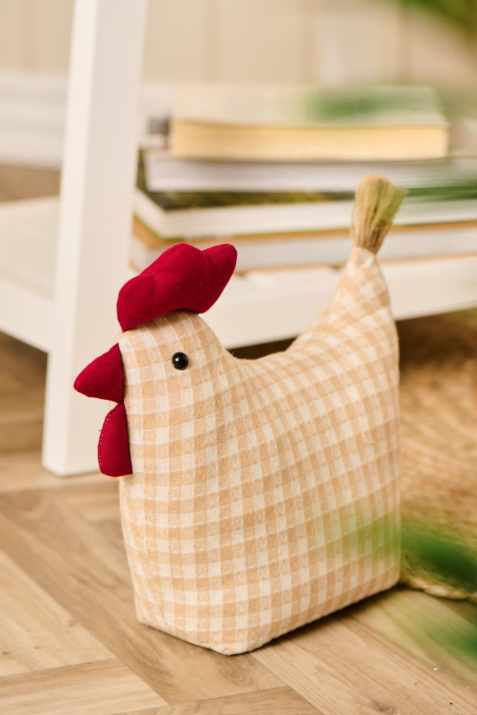 Gingham Chicken Doorstop adding rustic charm with a cheerful red comb and natural linen gingham design in home decor.