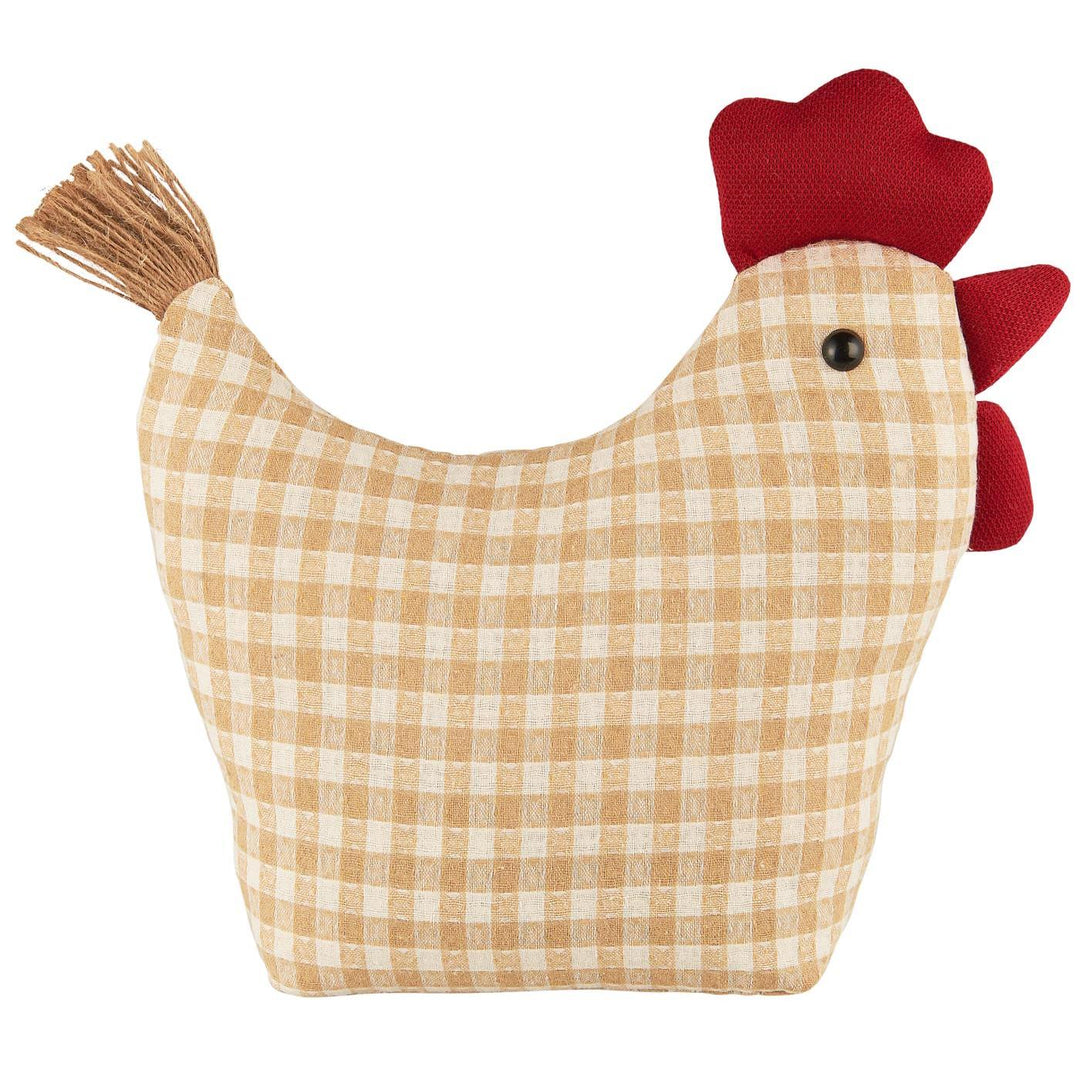 Gingham Chicken Doorstop with red comb, adding rustic charm to homes, sourced from Source for the Goose, Devon.
