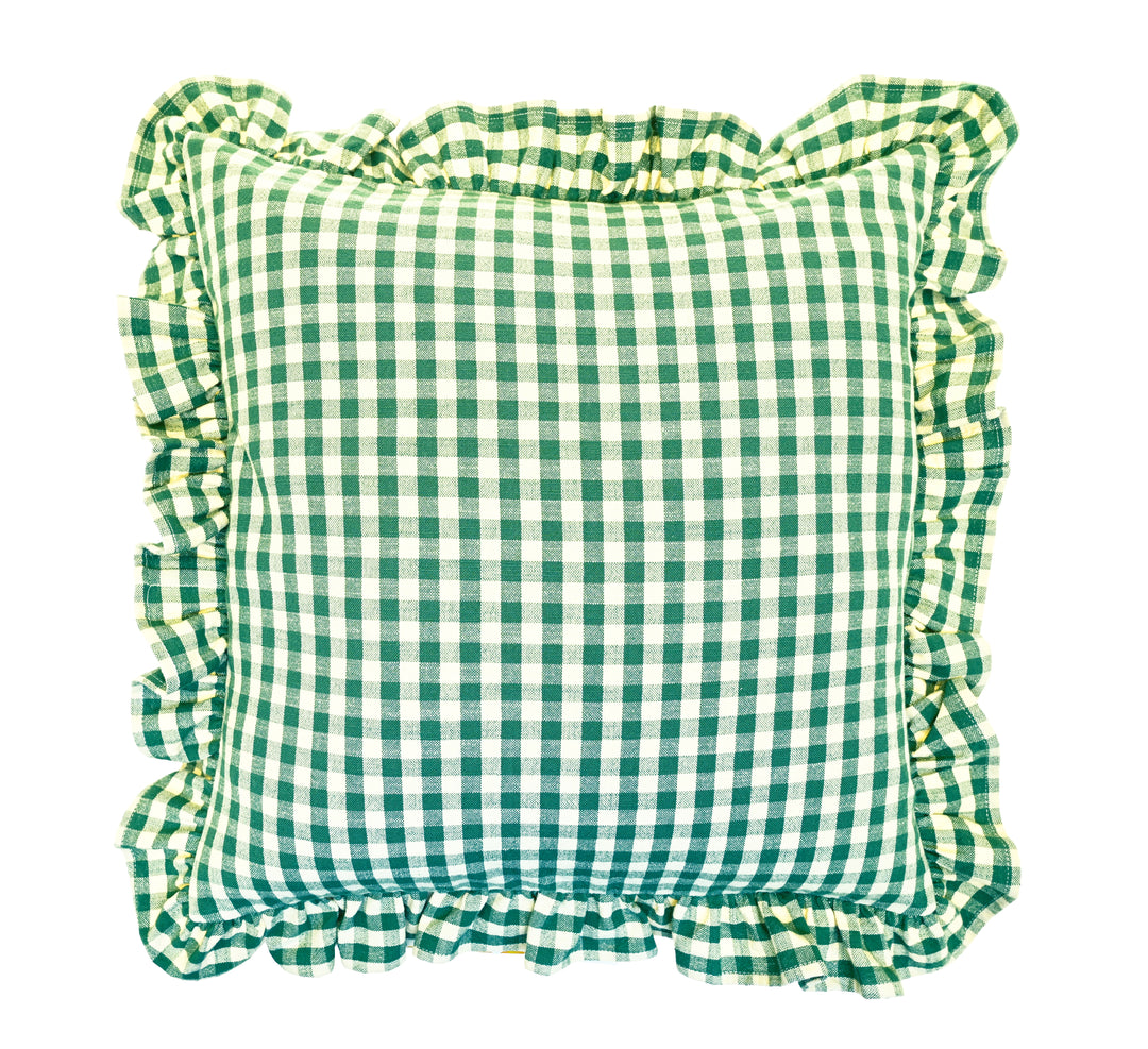 Forest Green Gingham Cushion with a charming gingham design and frill, perfect for a cosy home in Devon.