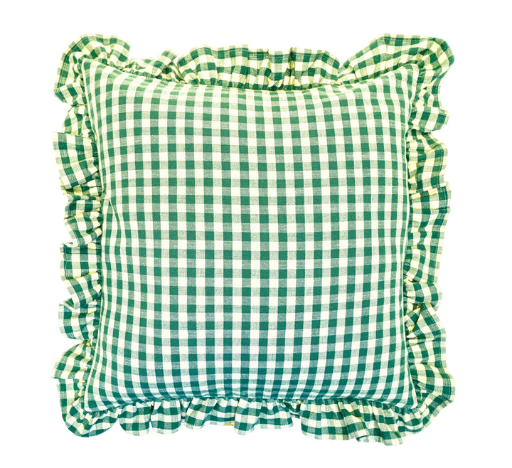 Forest Green Gingham Cushion with a charming gingham design and frill, perfect for a cosy home in Devon.
