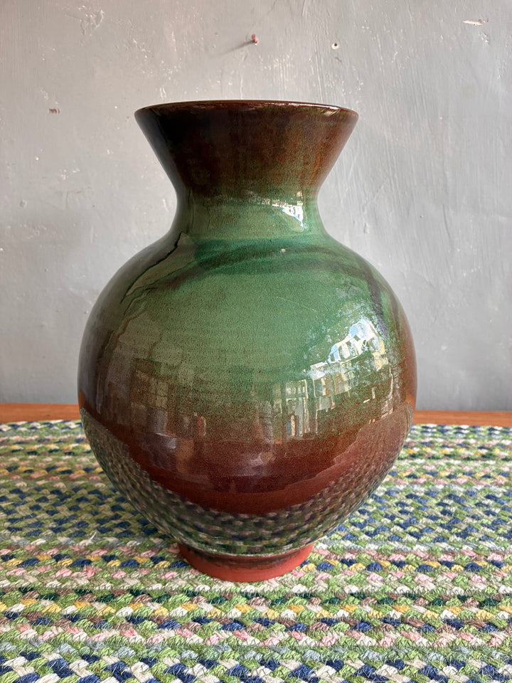 Glazed studio pottery vase by Vresh Kanikanian, featuring graduating green tones, from Source for the Goose, Devon.