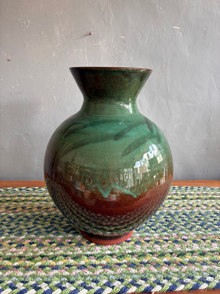 Glazed studio pottery vase by Vresh Kanikanian, showcasing a green glaze from Source for the Goose, Devon.