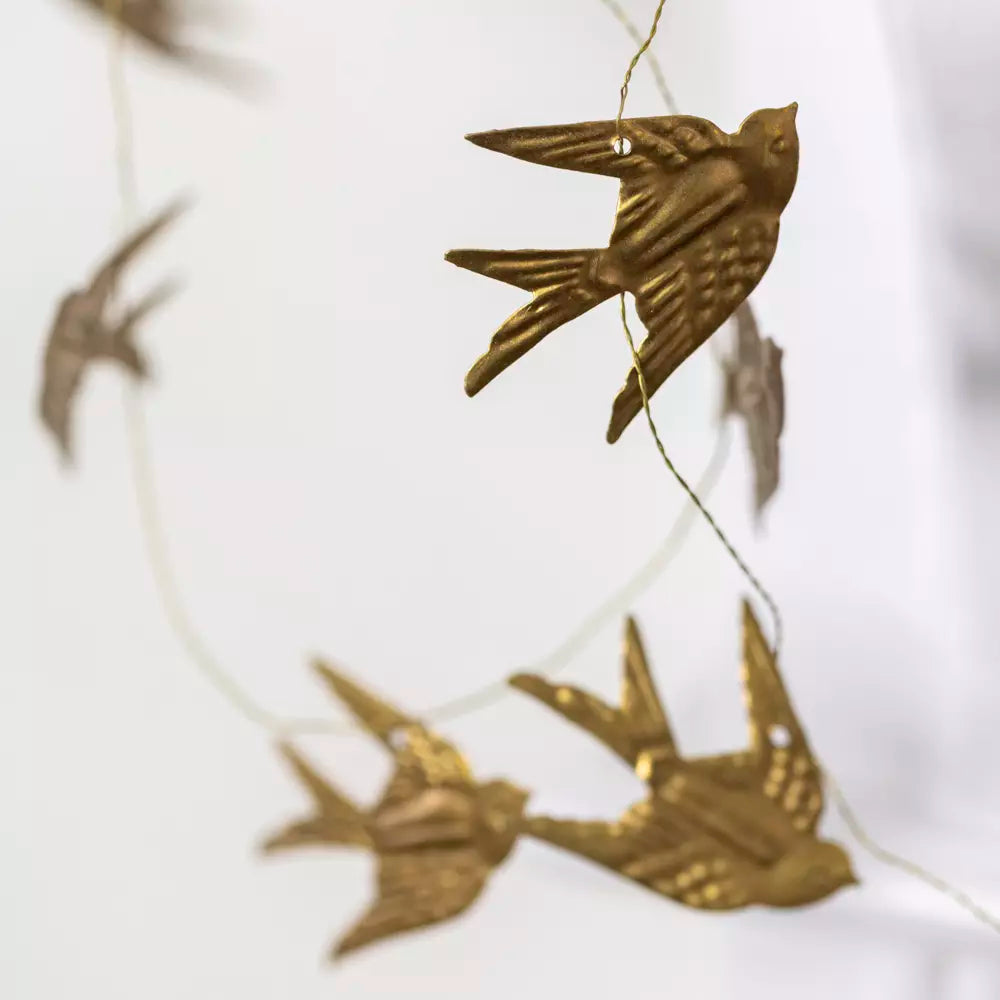 Gold Bird Garland on Wire featuring golden swifts for elegant festive decor.
