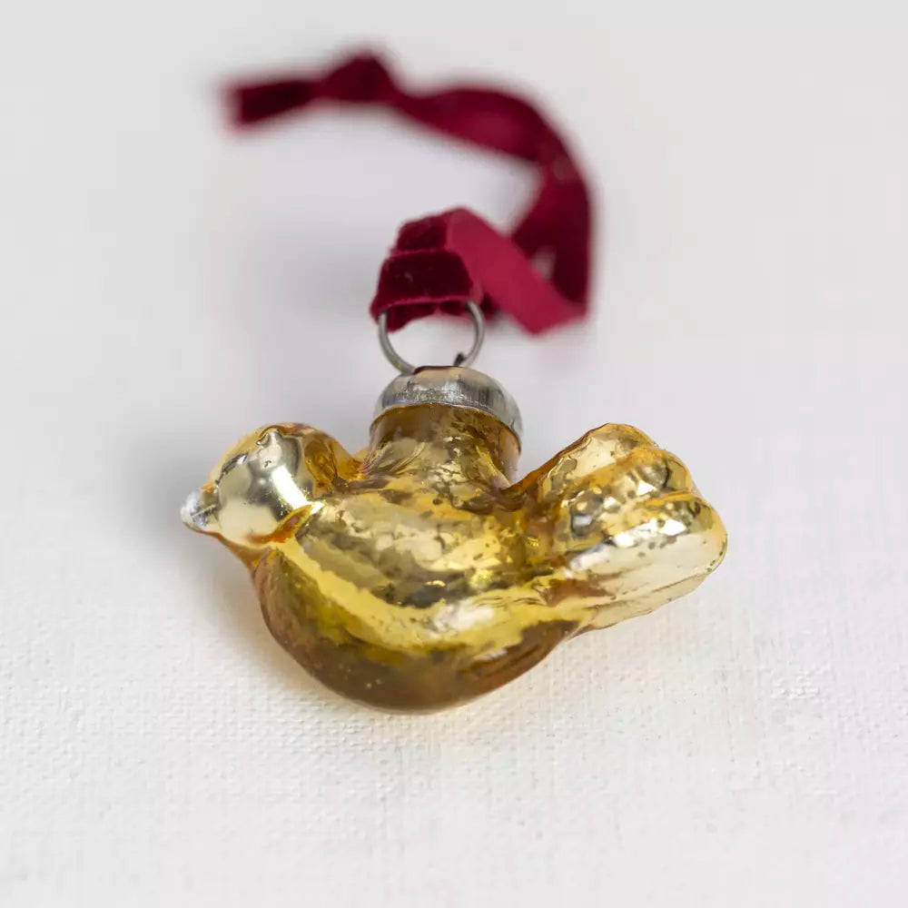 Gold Glass Bird Decoration With Velvet Loop in vintage gold finish and rich red velvet hanging loop.