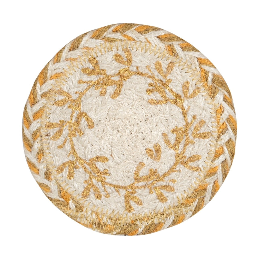 Set of Six Golden Mistletoe Jute Coasters for sale at Source for the Goose 