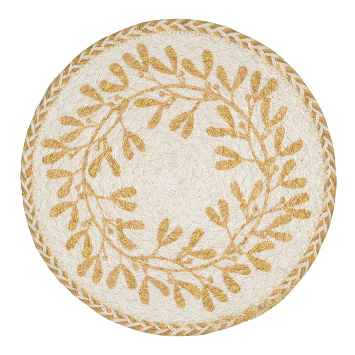 Set of Six Golden Mistletoe Round Jute Placemats 30cm for sale at Source for the Goose 