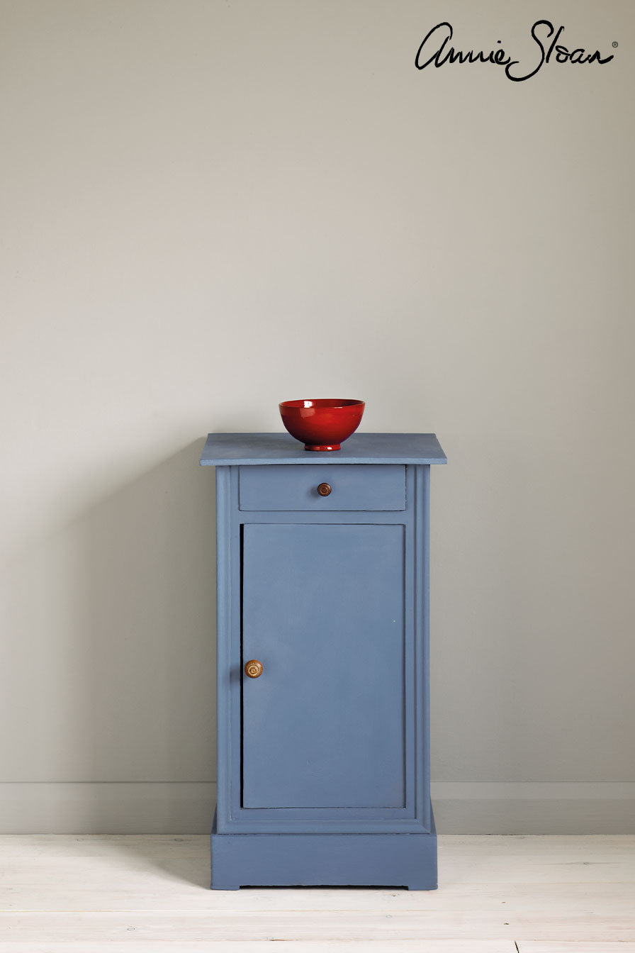 bedside table painted in Annie Sloan Greek Blue Chalk Paint