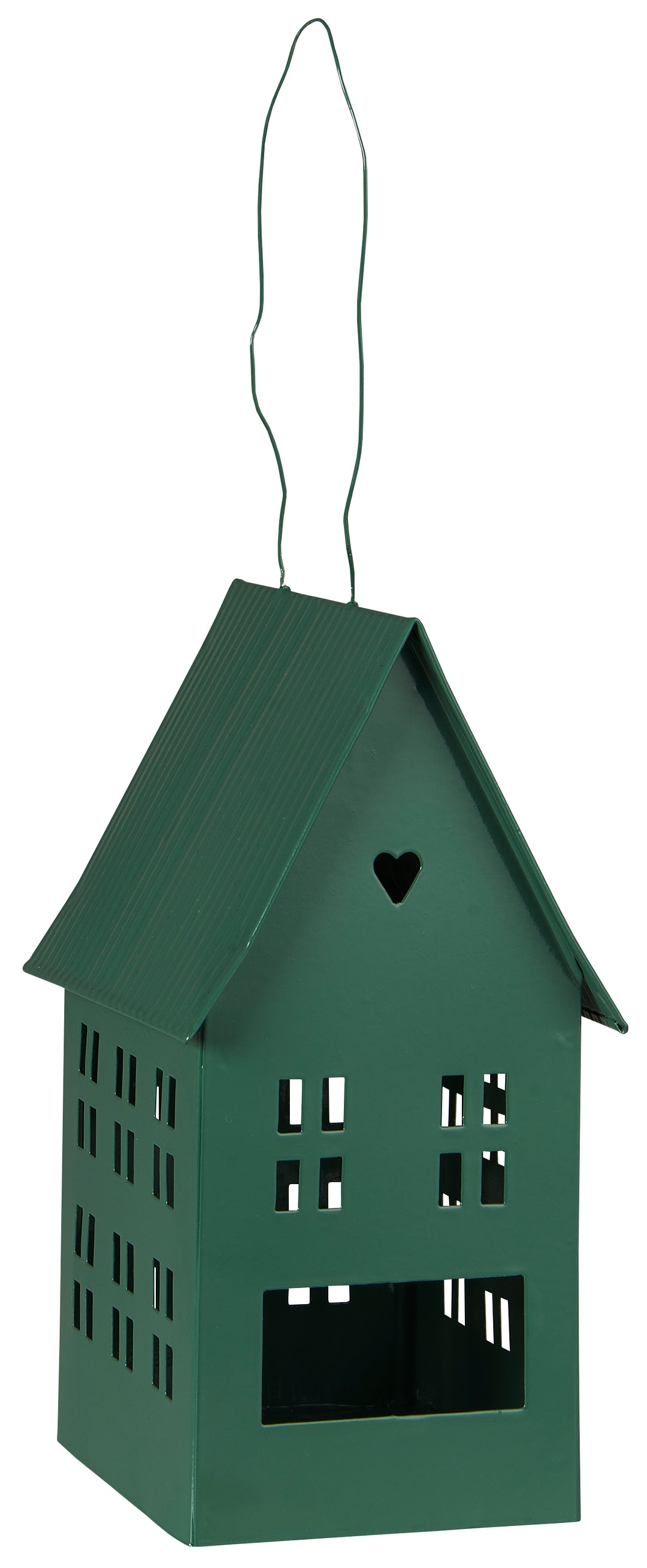 Charming green metal hanging candle house with cutout windows and heart detail by Source for the Goose, perfect for creating ambiance.