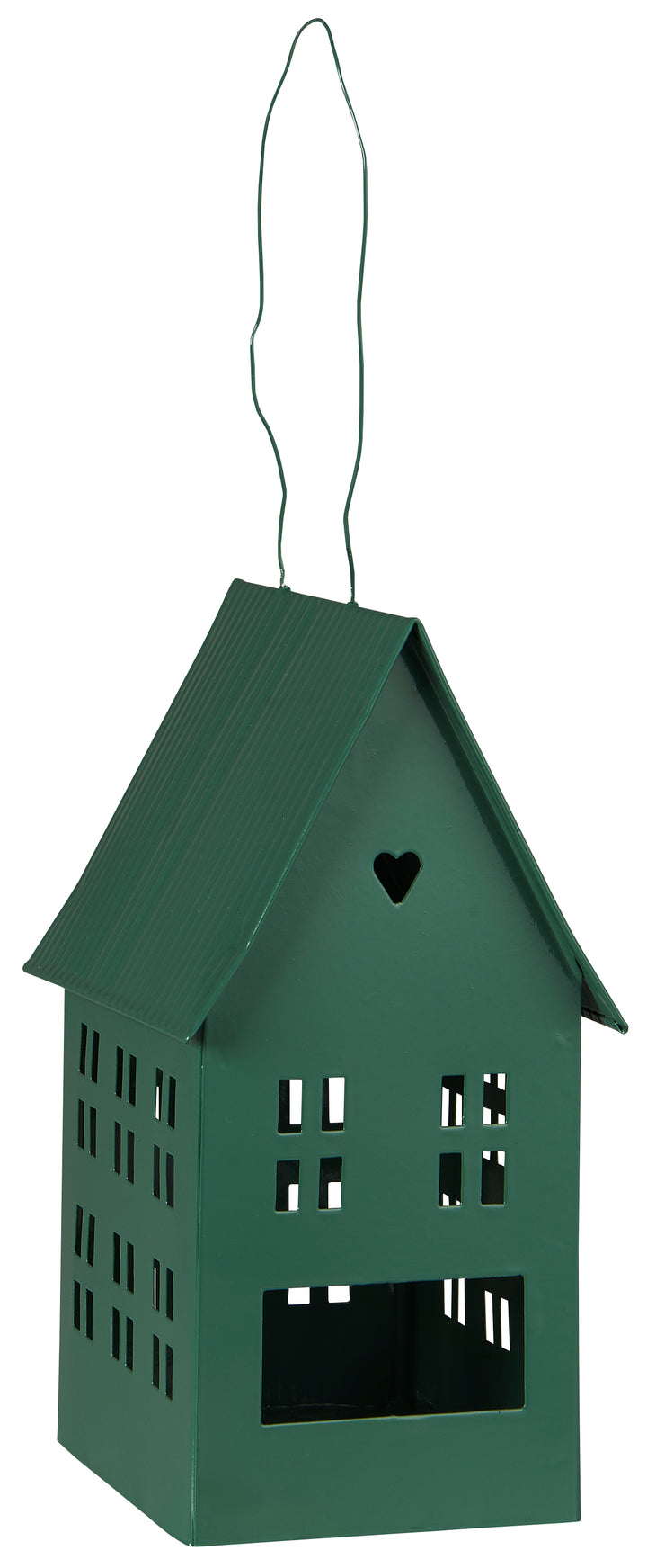 Charming green metal hanging candle house with cutout windows and heart detail by Source for the Goose, perfect for creating ambiance.