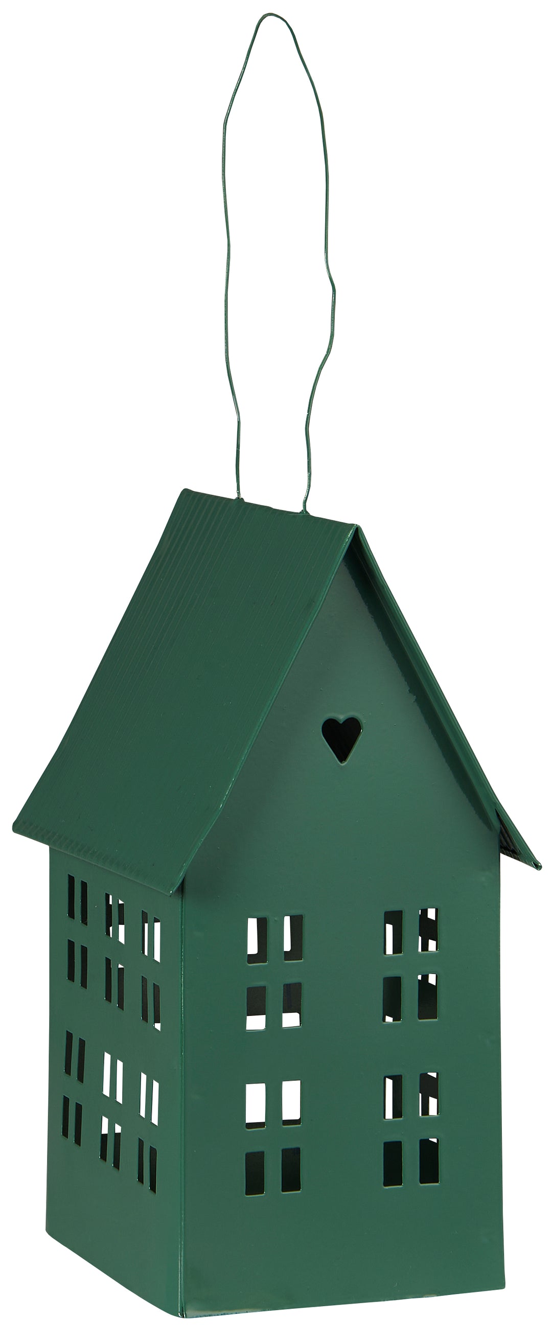 Charming green metal hanging candle house by Source for the Goose, perfect for tea lights or LED string lights.