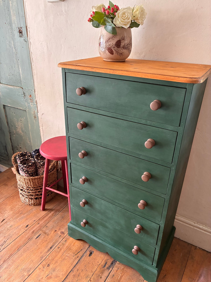 Tall Dark Green Chest of Drawers with natural wood top and rustic country charm, featuring six hand painted drawers.
