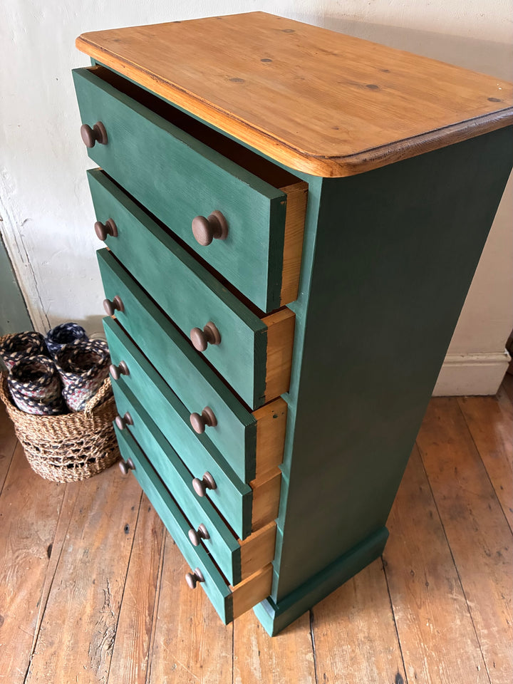 Tall Dark Green Chest of Drawers showcasing rustic country charm with hand painted finish and wooden top.