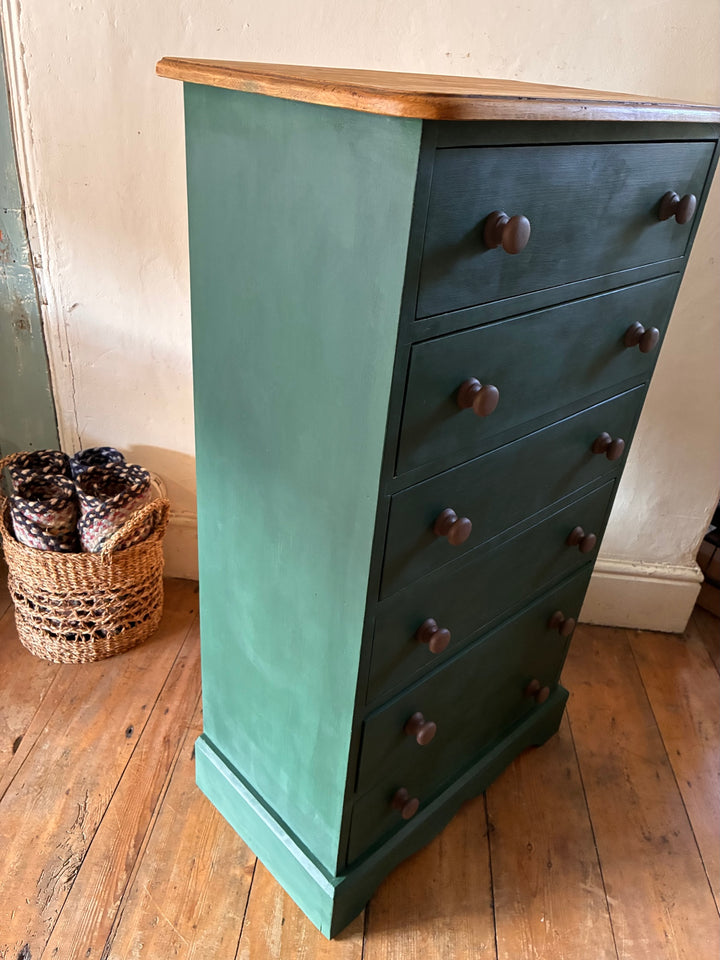 Tall Dark Green Chest of Drawers with wooden top, rustic country charm and hand-painted finish.