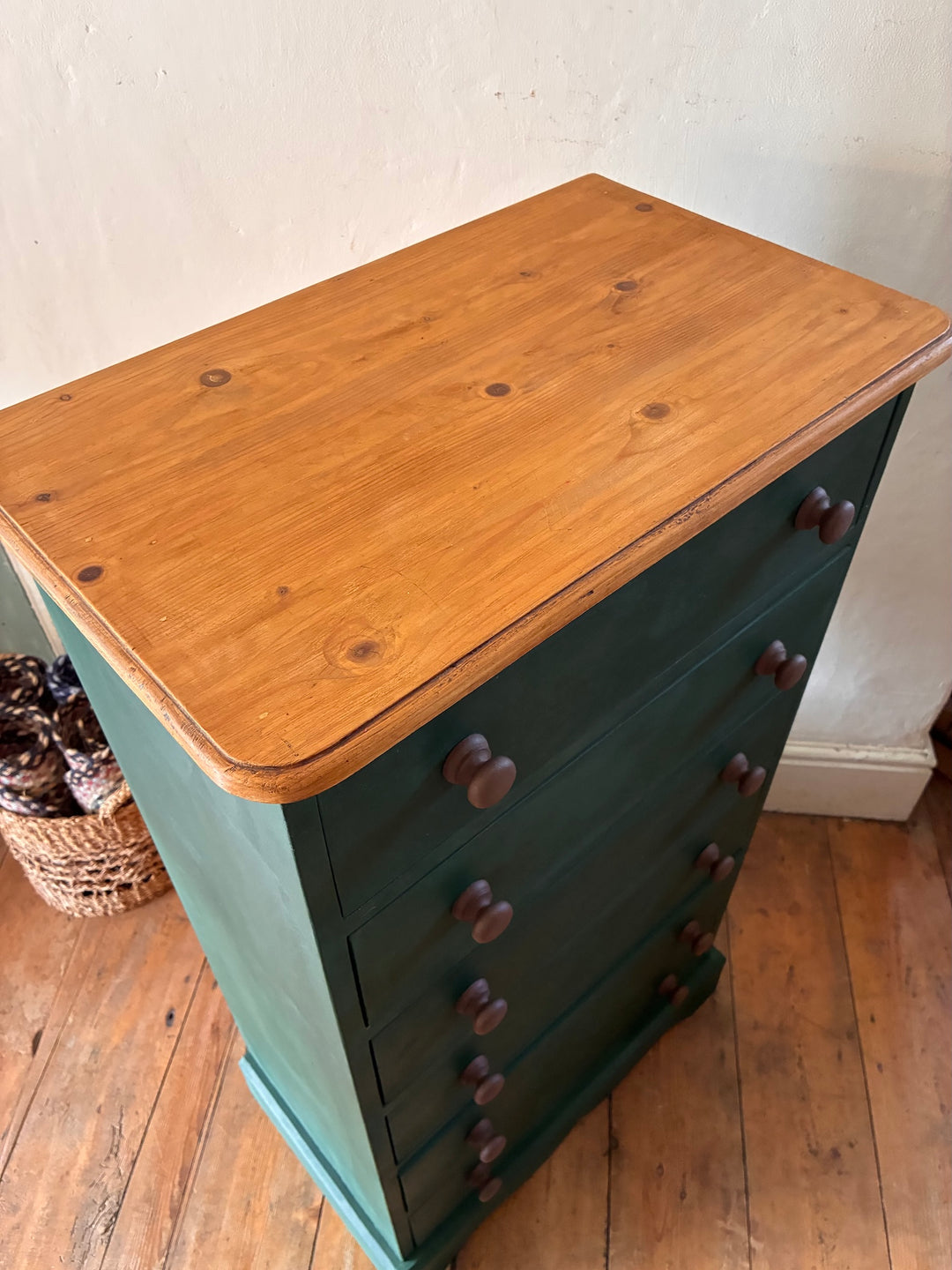 Tall Dark Green Chest of Drawers with natural wooden top and dark knobs, hand painted for rustic country charm.