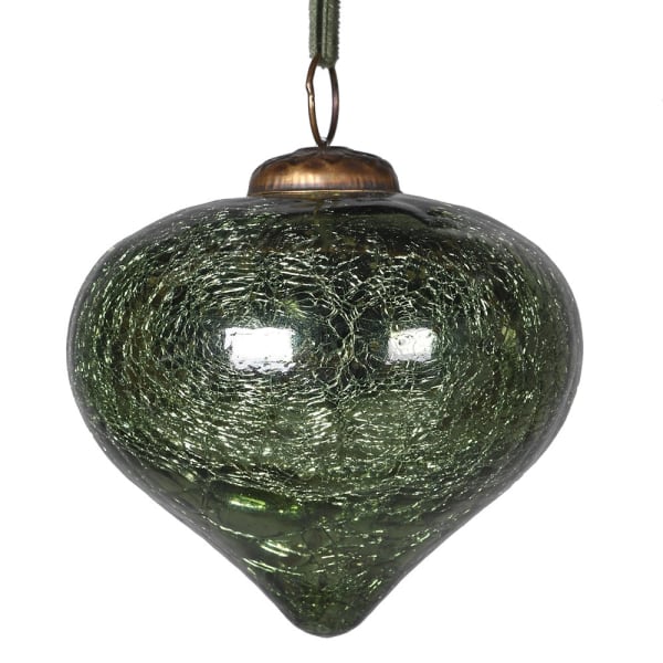 Green Crackle Glaze Glass Bauble hanging ornament with brass hanger for Christmas decor.