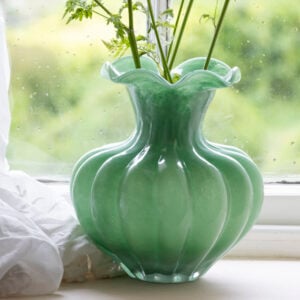 Green Glass Vase with Frill Rim - Bethany showcasing soft blooms, perfect for seasonal displays from Source for the Goose Devon.