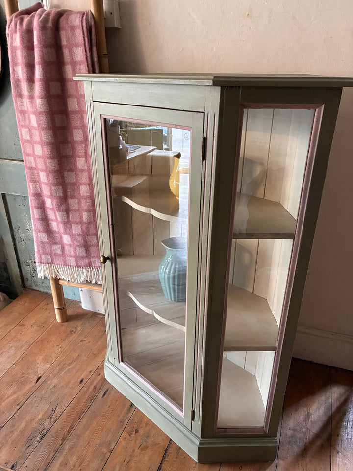 Soft Green Corner Display Cabinet with glass door and pink trims, ideal for showcasing collectibles. Source for the Goose, Devon.