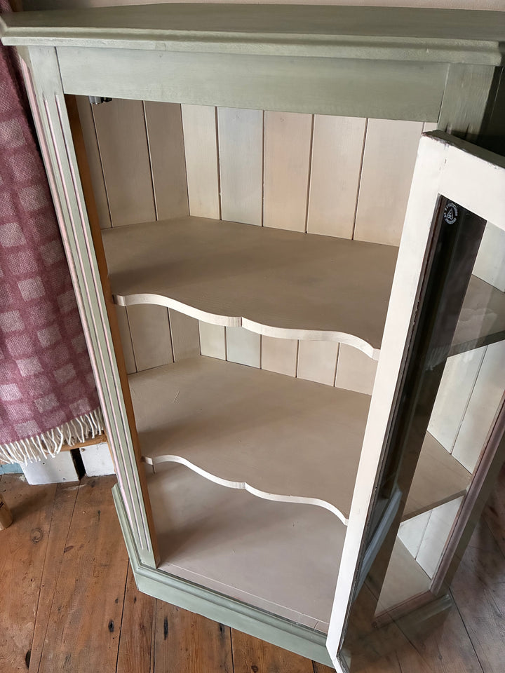Interior view of Soft Green Corner Display Cabinet with glass door and two deep shelves from Source for the Goose, Devon.