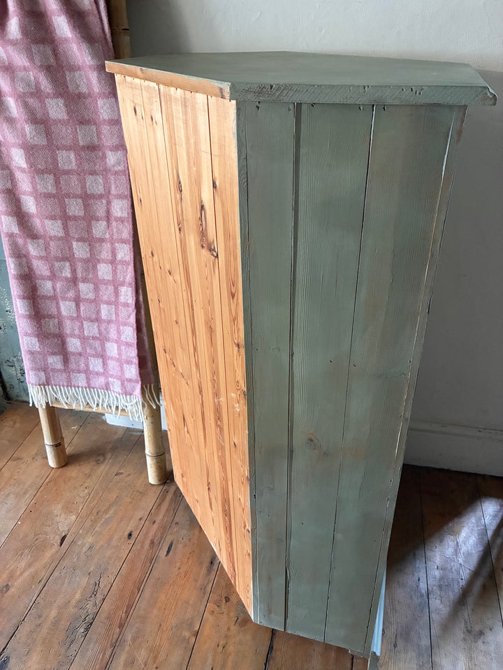 Soft Green Corner Display Cabinet with natural wood accents, perfect for showcasing collectibles, by Source for the Goose, Devon.