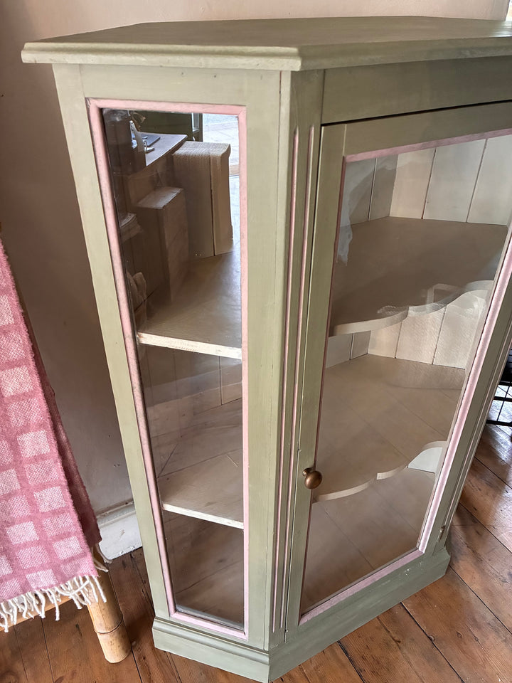 Soft Green Corner Display Cabinet with glass doors and pink trims, perfect for showcasing collectibles, sourced from Source for the Goose, Devon.