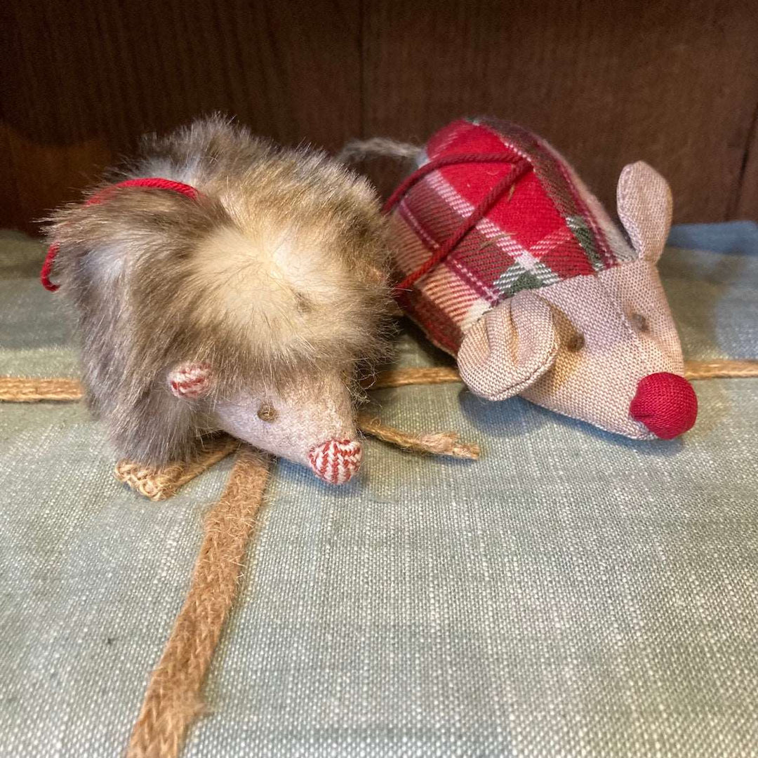hedgehog and hanging tartan  mouse, Christmas decor at Source for the Goose, Devon, UK