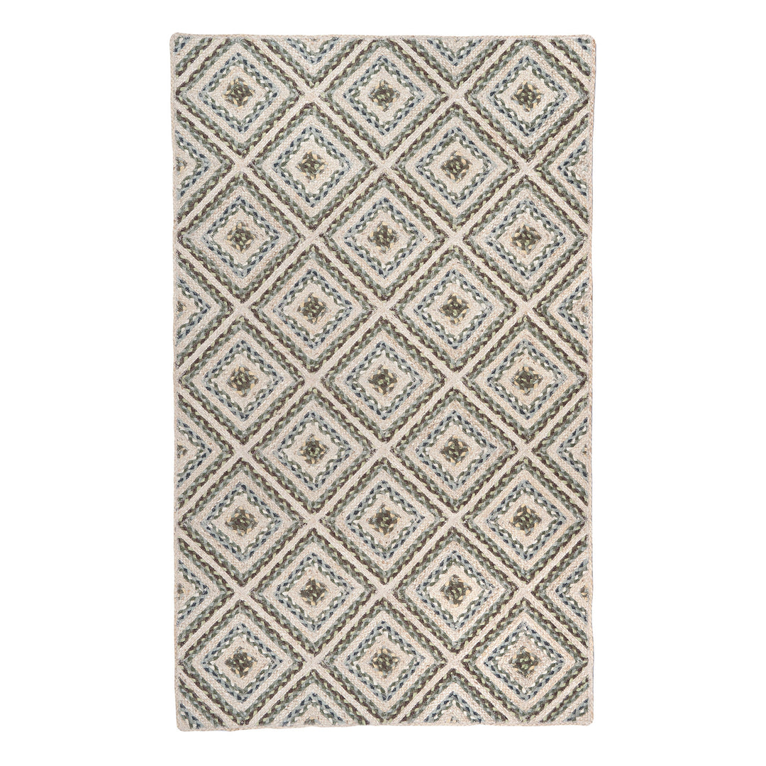 Hedgerow Green Mosaic Rug by Source for the Goose, featuring a diamond design in organic jute fibers, ideal for any room.