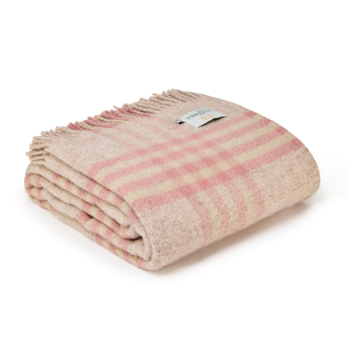 Tweedmill Hex Check Wool Throw - Powder Pink folded on a white background, perfect for cosy throws in devon.