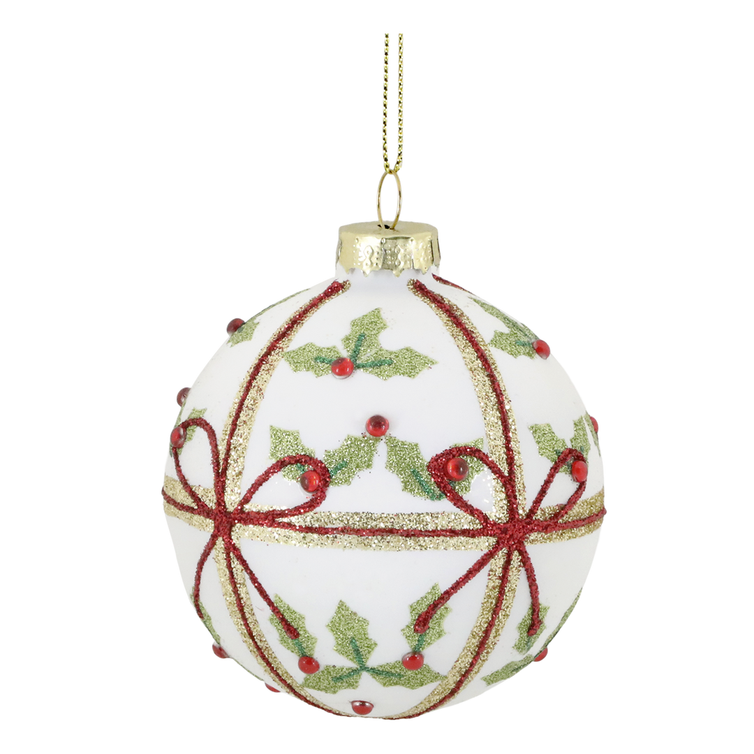 Hand-painted glass Christmas bauble with holly and bows design, perfect festive decoration from Source for the Goose, Devon.