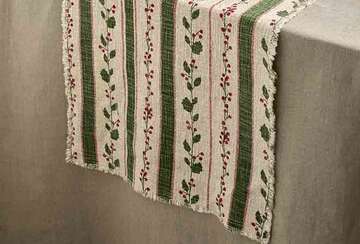 Slub Cotton Holly Berry Christmas Table Runner - Two Colourways, Classic Green and Natural Stripe design for festive decor.