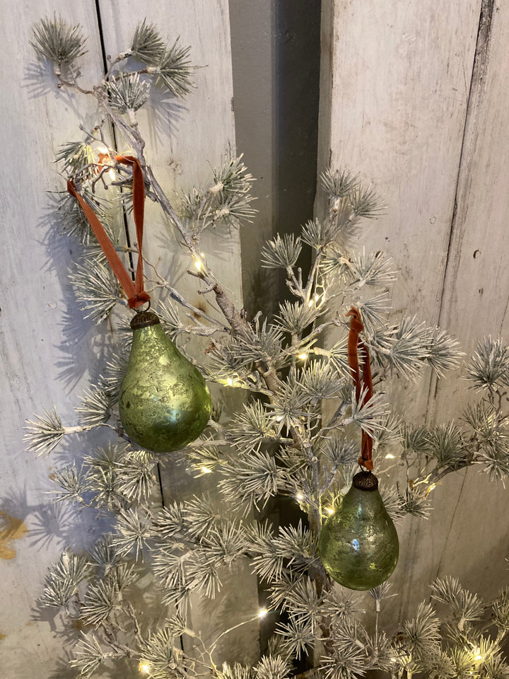 pear shaped Christmas bauble in antiqued green finish