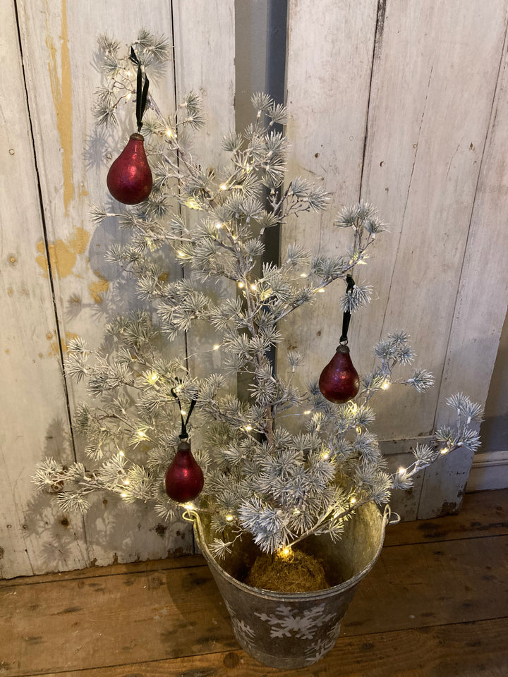 pear shaped hanging Christmas baubles in antique ruby colour