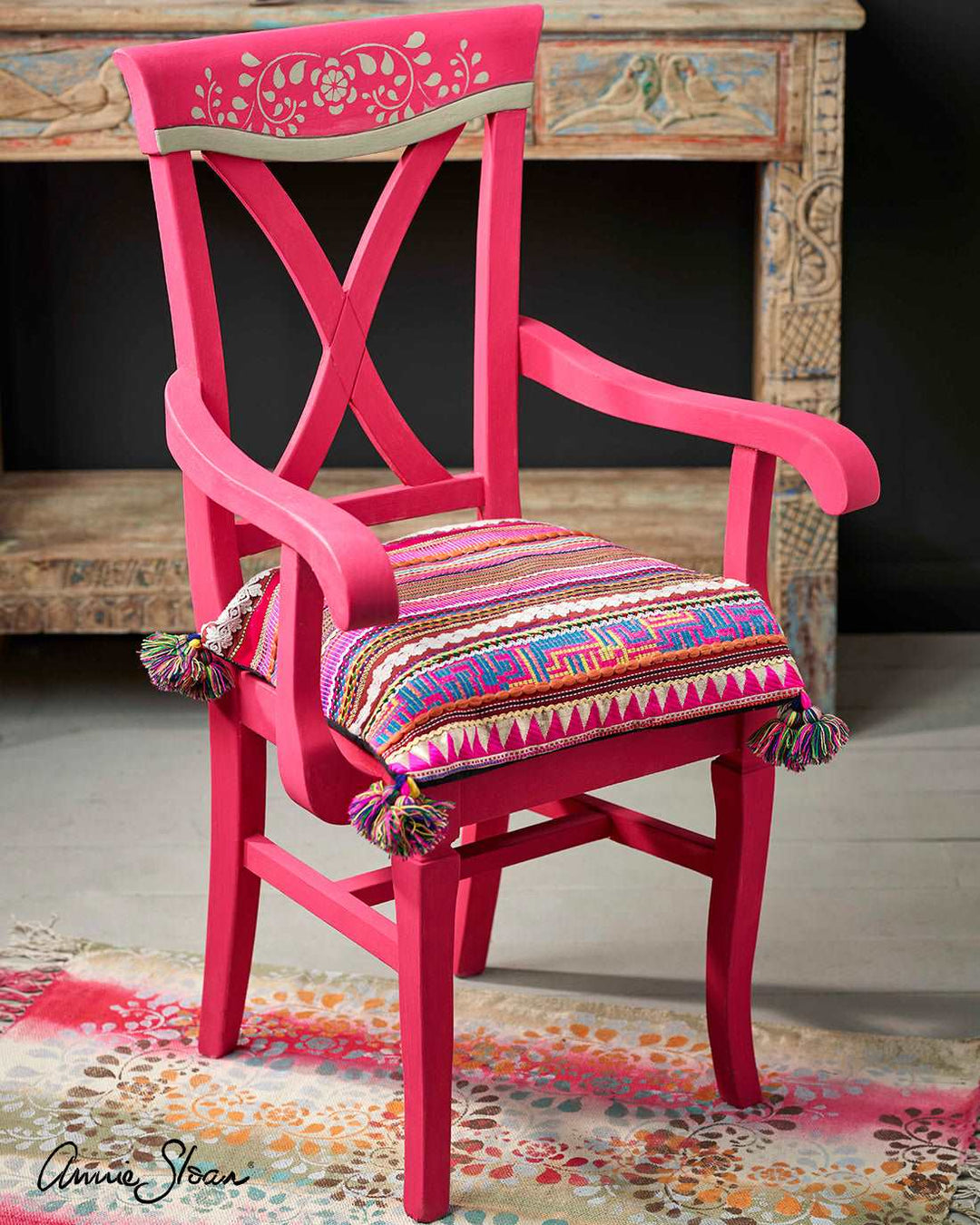 Faux Bone INlay Stencil by Annie Sloan on Capri Pink Chair