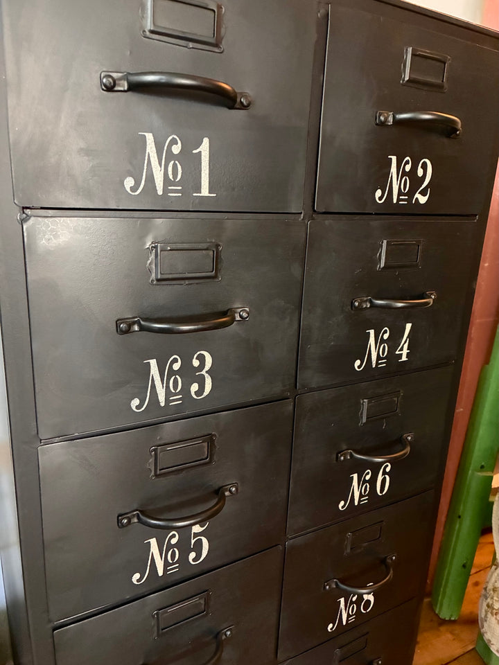 Industrial Style Metal Cabinet with Drawers featuring elegant numbered drawers for stylish storage.